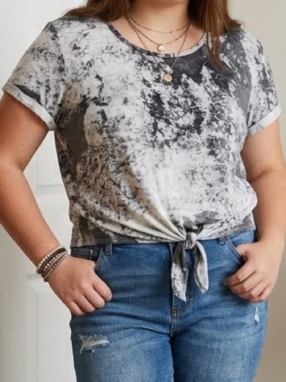 It’s Our Time Tee T-shirt Marbled Tie-Front short sleeve gray white juniors XL